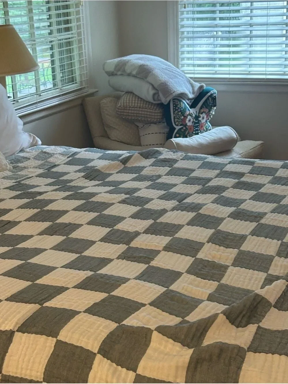 Dark Teal Gray Check Throw Blanket Cotton Bamboo Blend Patchwork Quilt Style NEW